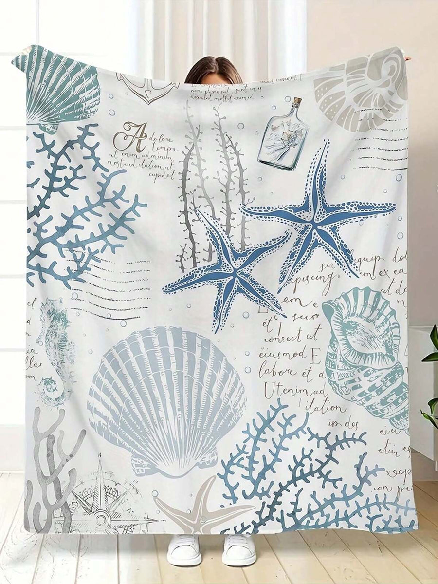 1pc Warm & Cozy Seashell & Starfish Flannel Blanket, Sporty Style, Insulating, Stain Resistant, Perfect Gift For Holidays, Birthdays And Special Occasions