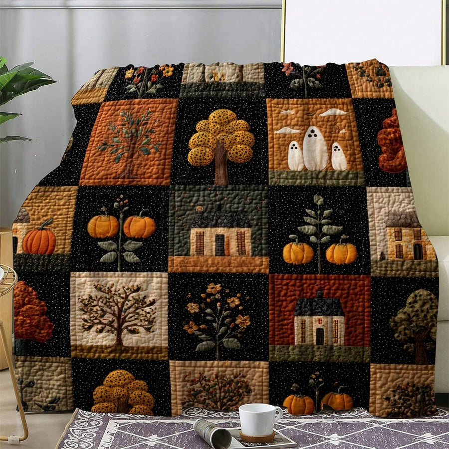 Sdoo Vintage Autumn Harvest Patchwork Flannel Blanket, Soft Warm Plush Throw With Pumpkin Ghost House Tree Print, Halloween Thanksgiving Festive Quilt For Couch Bed Camping Travel