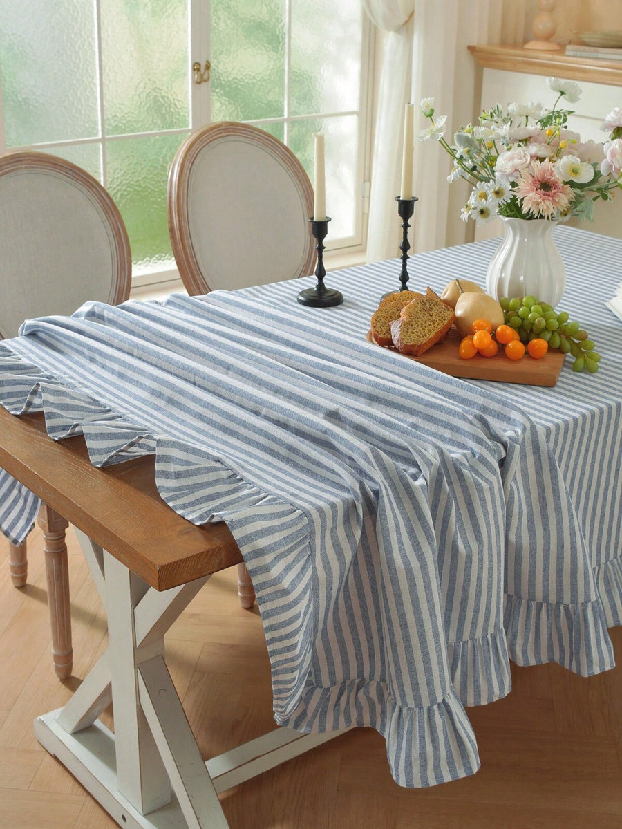 1pc Japanese Style Simple Solid Color Woven Blue Stripe Lotus Edge Square Tablecloth, Suitable For Small Garden, Natural Atmosphere, Outdoor Cafe, Kitchen, Bedroom, Dining Table Decor, All Season